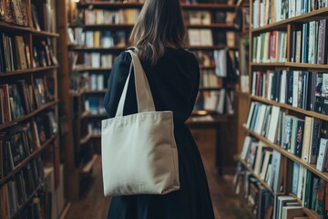 Young caucasian female browsing books in library with canvas tote bag
