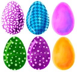 set of colorful easter eggs, bright vibrant colours, hand drawn digital watercolor, clipart, isolated elements