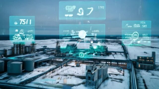 Holographic interface displaying operational metrics on snow covered industrial facility, industrial drone monitoring harsh winter landscape from aerial perspective. artificial intelligence management