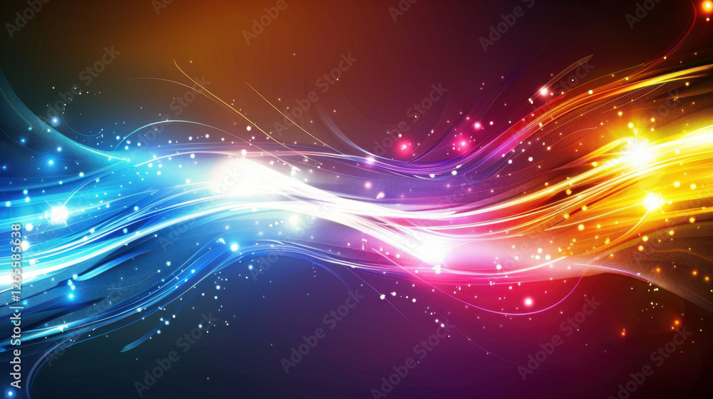 Poster colorful abstract light waves with glowing particles creating vibrant background. ideal for design p
