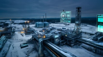 Snowy industrial facility glowing at twilight, displaying augmented reality metrics tracking refinery performance, energy output, operational safety levels. concept artificial intelligence management - Powered by Adobe
