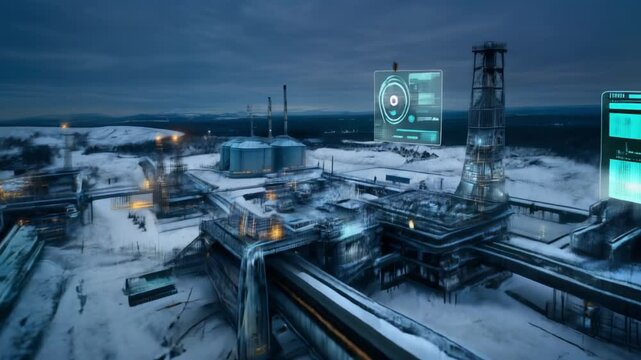 Snowy industrial facility glowing at twilight, displaying augmented reality metrics tracking refinery performance, energy output, operational safety levels. concept artificial intelligence management