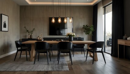 Fototapeta premium Dining room with wooden table, black chairs, and modern lighting in a bright, airy space