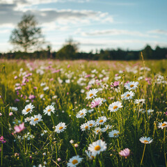 Nature’s Palette: White and Pink Daisies in Full Bloom, field of flowers