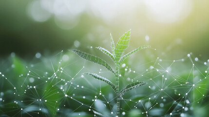 A wireframe model of a green plant with white digital data lines as a symbol for technology and ecology.