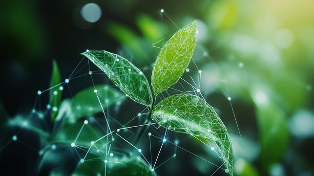 A wireframe model of a green plant with white digital data lines as a symbol for technology and ecology.