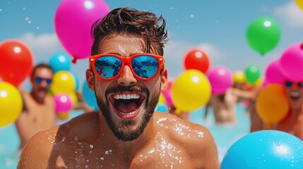Day of Happiness concept. Joyful Group of Friends Enjoying an Energetic Water Balloon Fight on a Sunny Summer Day