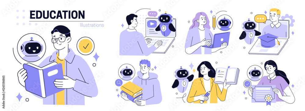 Poster ai technology in education set. student and teacher characters using artificial intelligence generat