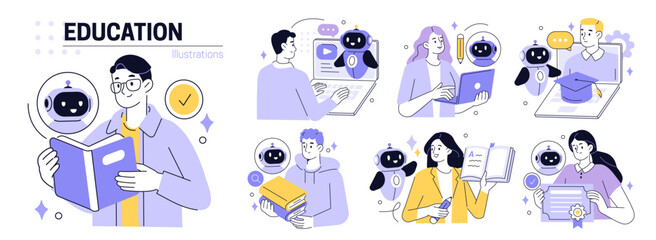 AI technology in education set. Student and teacher characters using artificial intelligence generative tools for learning, teaching, school lesson planning, exam preparation. Vector illustration.