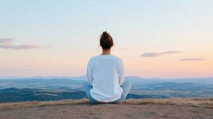 Naklejka premium Day of Happiness concept. Person Sitting on Mountain Peak Watching Stunning Sunrise Landscape