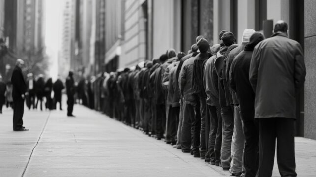 City street, long queue, people waiting, urban background, social commentary