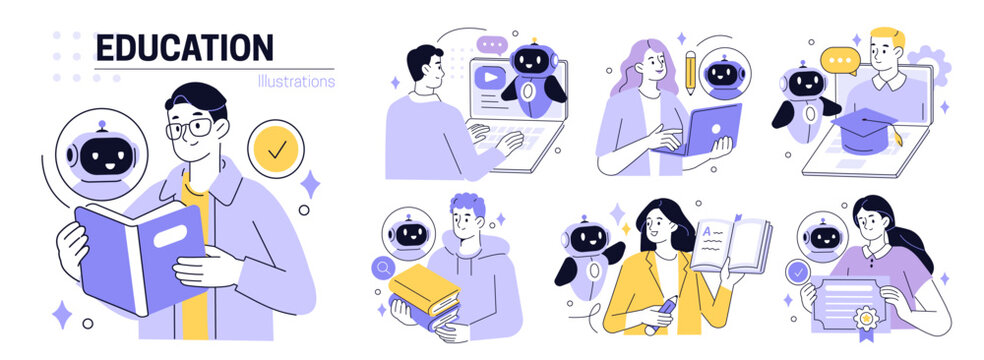 AI technology in education set. Student and teacher characters using artificial intelligence generative tools for learning, teaching, school lesson planning, exam preparation. Vector illustration.