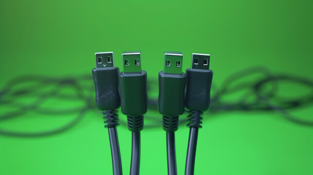 Charging cables product shoot, hyper realistic, perspective photo shoot, focus on product, solid green background, eye level, 4k --no shadow, text 