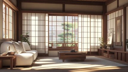 Beautiful japanese inspired living room with shoji screens and sunlight