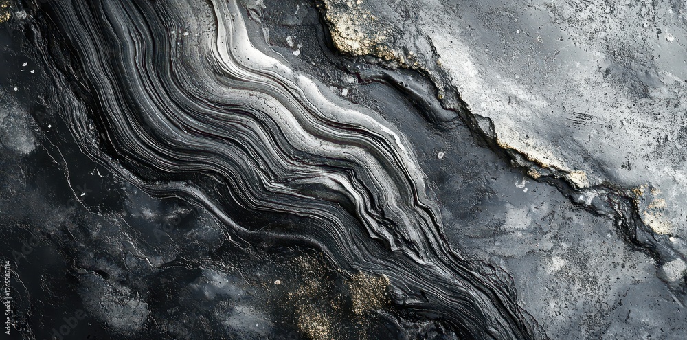 Poster abstract monochrome image features layered rock formations with winding strata
