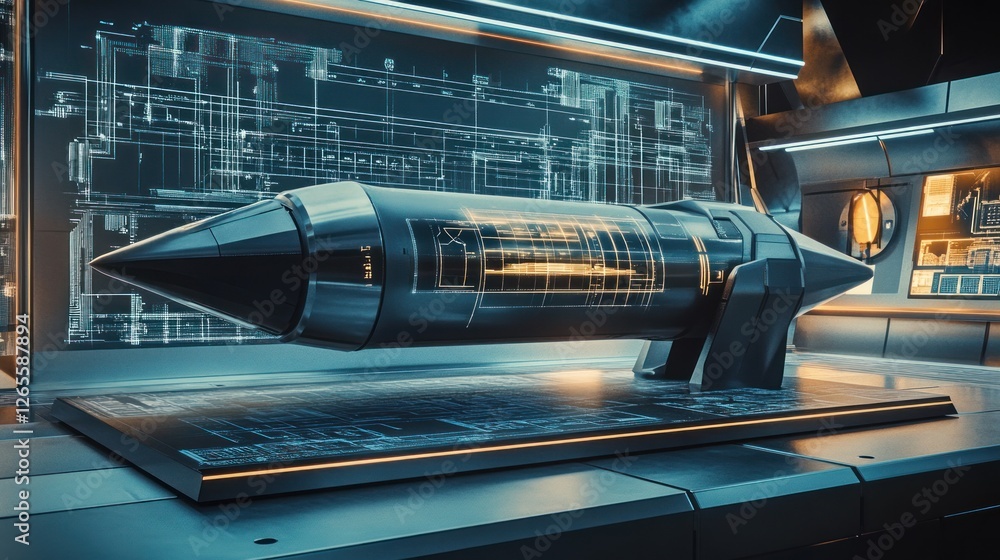 Poster futuristic missile display: advanced weaponry in a high-tech laboratory