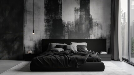 Minimalist modern bedroom with black bed and abstract wall