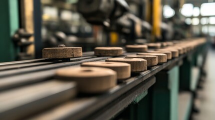 Fototapeta premium Factory conveyor belt with wooden parts, industrial background