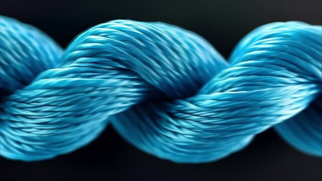 A close-up of tightly twisted blue synthetic rope, showcasing its texture and sheen.