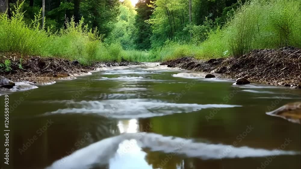 Poster a serene waterway flows through a lush green forest, illuminated by soft sunlight filtering through 