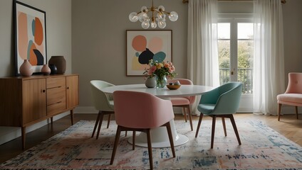 Stylish dining room with round table, pastel chairs, wooden sideboard, and patterned rug