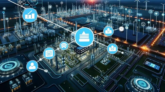 Futuristic visualization of smart management system controlling industrial plant at night, optimizing production through real time data analysis and energy monitoring