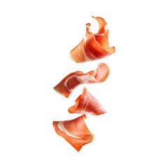 Falling slices of raw Prosciutto ham crudo isolated on transparent background