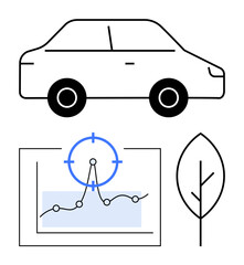 Naklejka premium Outlined car, leaf icon, and data graph with target marker represent eco-friendly travel, analytics, and green trends. Ideal for sustainability, tech, energy, transport climate smart cities