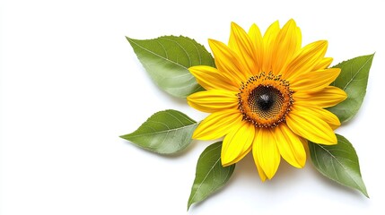 Obraz premium Yellow sunflower flower with leaves isolated on white background, flat lay. top view. space for text.
