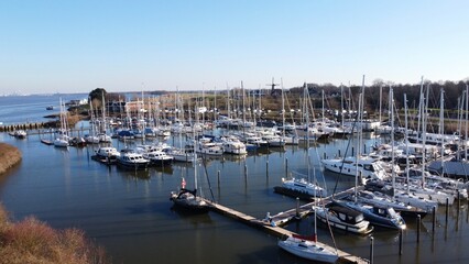 Port of Willemstad in the Netherlands. A modern harbor on the waters of the Haringvliet and Hollandsdiep. Drone aerial photo from the air. Europe travel and adventure.
