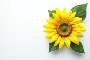 Obraz premium Yellow sunflower flower with leaves isolated on white background, flat lay. top view. space for text.
