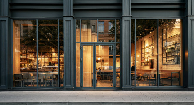 Modern cafe exterior featuring glass windows and outdoor seating in a vibrant urban setting at dusk
