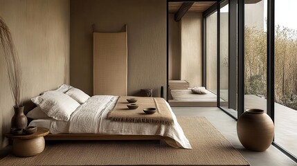 Serene bedroom features earth tones with a tranquil outdoor view