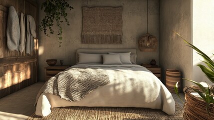 Serene bedroom showcasing earthy tones natural textures and tranquil ambiance