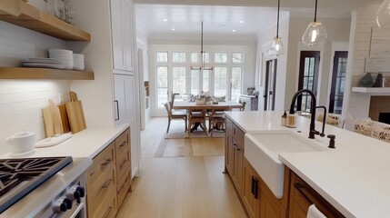 Fototapeta premium Beautifully designed home kitchen features island cabinets and open dining
