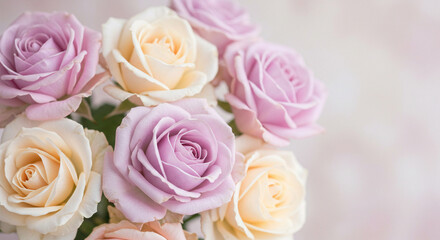 Fototapeta premium A bouquet of pastel roses with delicate petals, photographed with soft focus, highlighting their romantic beauty.