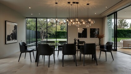 Fototapeta premium Modern dining room with black table, cluster chandelier, and glass doors overlooking a green lawn