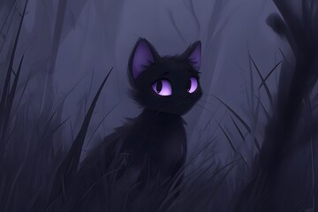 Black Cat in the Mist: A black cat with luminous purple eyes peers out from the shadowy depths of a misty forest, its gaze piercing the veil of obscurity.