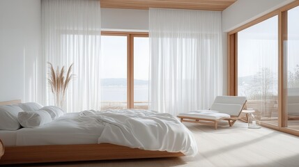 Obraz premium Bright bedroom with bed and chair showcasing minimalist design