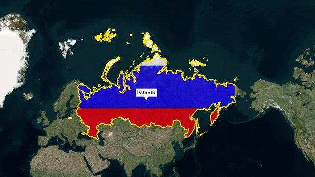 Russia map animation with Russia flag highlighted border color, 3d Animated map of Russia, Russia maps zooming from top Space view, World Map Zoom In To Russia, Detailed map Russia