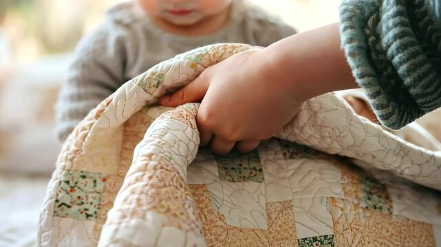 A child receiving a handmade quilt from their adoptive family