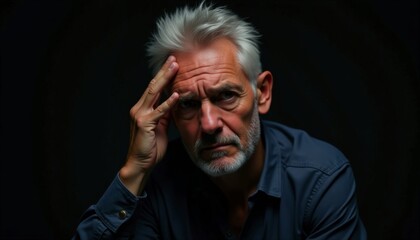 Obraz premium Portrait of a mature man with gray hair and a beard, looking concerned and contemplative against a dark background. Studio lighting.