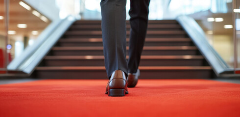 Fototapeta premium A businessman in formal attire strides on a vibrant red carpet leading to a staircase in a contemporary office space