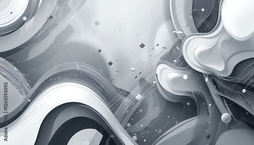 Aufkleber monochromatic abstract composition of waves and floating geometric shapes