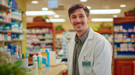 Fototapeta premium Smiling male pharmacist in white coat standing behind counter in modern drugstore against background of shelves filled with medicines and goods