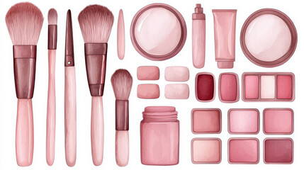 Makeup brushes and cosmetics in soft pink tones, illustrated in clean watercolor style