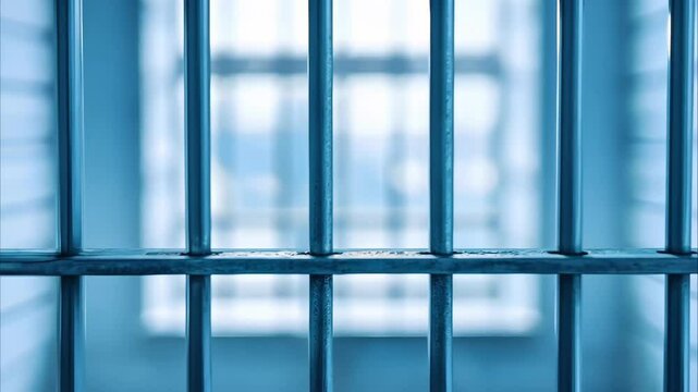 A close-up view of metal bars, likely from a jail cell, with a blurred background suggesting a prison environment.