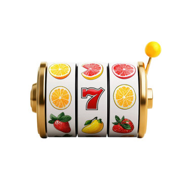 Colorful fruit themed slot machine with bright graphics and spinning reels featuring strawberries, lemons, and a lucky number 7 on white background