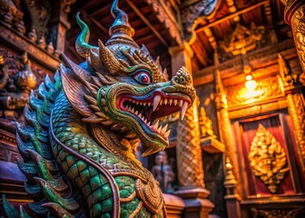 Obraz premium Ancient Naga Statue in Temple, Intricate Carving, Religious Symbol, Southeast Asia