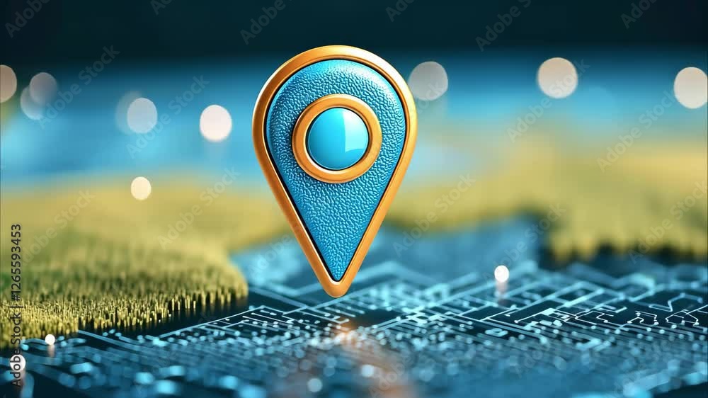 Poster a stylized blue location pin is set against a blurred map-like background, symbolizing navigation or